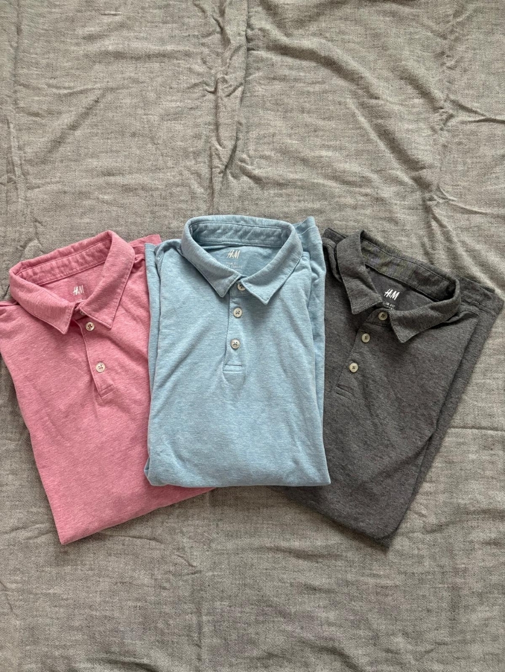 H&M Men's Slim-fit Polo Shirts - Light Blue, Charcoal Gray, Pink (3-Pack)